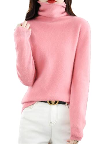 Winter Nerz Kaschmir Pullover Damen Casual Solid Sweater Basic Lose Rollkragen Bluse Tops, Rose, M von keusyoi
