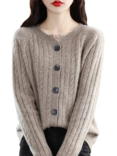 keusyoi 100 % reine Wolle, Kaschmir, Damen-Strickjacke, Rundhalsausschnitt, gestrickt, Herbstmode, lockerer Pullover von keusyoi