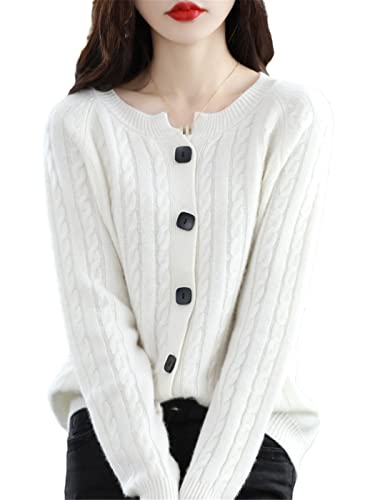 keusyoi 100 % reine Wolle, Kaschmir, Damen-Strickjacke, Rundhalsausschnitt, gestrickt, Herbstmode, lockerer Pullover von keusyoi