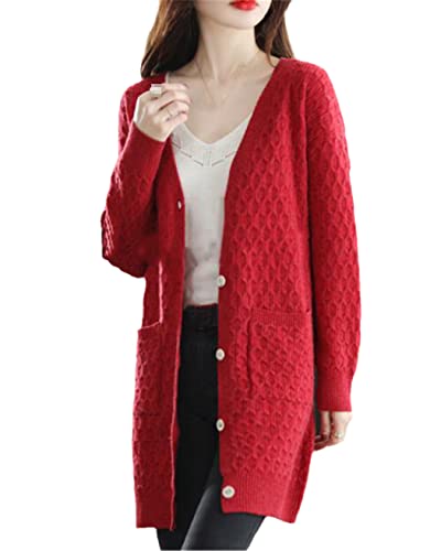 keusyoi 100% reine Wolle Cardigan Damen V-Ausschnitt Lange Oberteile Frühling Kaschmir Pullover Casual Strickjacken von keusyoi