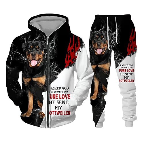 keusyoi 3D-Hund Rottweiler Bedrucktes Reißverschluss-Sweatshirt Und Trainingsanzug, Kapuzenpullover Mit Hose, 2-Teiliges Damen-Herren-Workout-Outfit von keusyoi