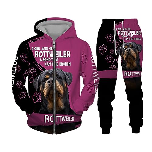 keusyoi 3D-Hund Rottweiler Bedrucktes Reißverschluss-Sweatshirt Und Trainingsanzug, Kapuzenpullover Mit Hose, 2-Teiliges Damen-Herren-Workout-Outfit von keusyoi