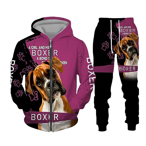 keusyoi 3D-Hund Rottweiler Bedrucktes Reißverschluss-Sweatshirt Und Trainingsanzug, Kapuzenpullover Mit Hose, 2-Teiliges Damen-Herren-Workout-Outfit von keusyoi
