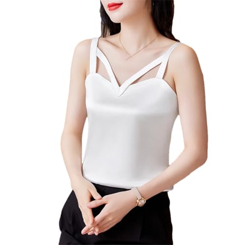 keusyoi Damen Camisole Shirt Frühling Sommer Seide Satin Tank Tops Ärmellos Hollow Out Weste Tops, weiß, XL von keusyoi