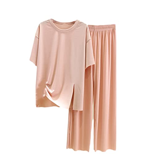 keusyoi Damen Eisseide Pyjama 2 Stück Set Einfache Kurzarm Home Kleidung Herbst Rundhals Hose Freizeitkleidung Anzug, rose, 46 von keusyoi