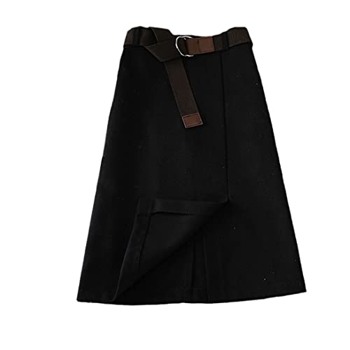 keusyoi Damen Herbst Wollrock Winter Koreanisch Grau Knielang Hohe Taille Röcke mit Gürtel, Schwarz , 36 von keusyoi