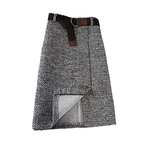 keusyoi Damen Herbst Wollrock Winter Koreanisch Grau Knielang Hohe Taille Röcke mit Gürtel, grau, 44 von keusyoi