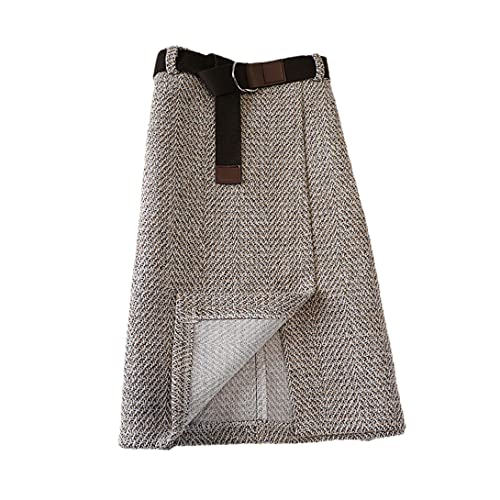 keusyoi Damen Herbst Wollrock Winter Koreanisch Grau Knielang Hohe Taille Röcke mit Gürtel, khaki, 40 von keusyoi