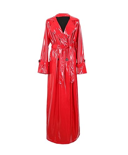 keusyoi Herbstlicher Langer Roter Lackleder-Trenchcoat Für Damen, Zweireihiger Maxi-Windbreaker-Mantel von keusyoi