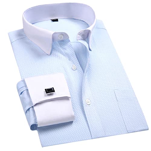 keusyoi Herren Gestreiftes Kleid Hemd Klassische Französische Manschetten Hemden mit Taschen Langarm Smoking Formal Party Hochzeit Shirts, Blauer Jacquard, M von keusyoi