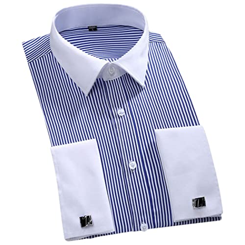 keusyoi Herren Gestreiftes Kleid Hemd Klassische Französische Manschetten Hemden mit Taschen Langarm Smoking Formal Party Hochzeit Shirts, blau gestreift, L von keusyoi