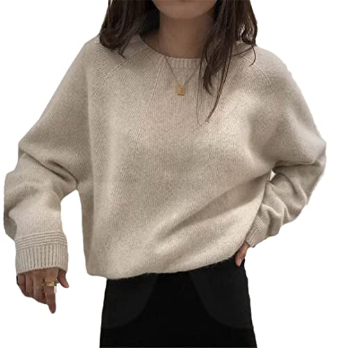 keusyoi Koreanischer Kaschmir Pullover Damen Pullover Herbst Winter Elegant O-Ausschnitt Strickpullover, beige, S von keusyoi