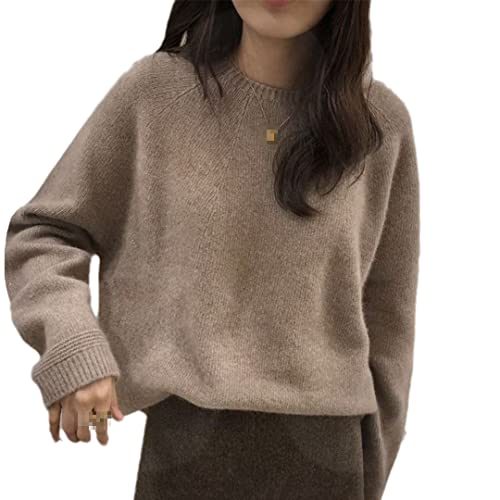 keusyoi Koreanischer Kaschmir Pullover Damen Pullover Herbst Winter Elegant O-Ausschnitt Strickpullover, khaki, M von keusyoi