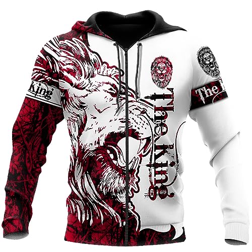 keusyoi Mode Herbst Hoodies 3D Löwe Gedruckt Herren Sweatshirt Unisex Rot Tattoo Zip Pullover Casual Jacke von keusyoi