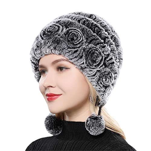 keusyoi Winter Damen Blumen Gestreifte Pelzmützen Damen Warm Strickfell Kappen Russische Outdoor Fellmützen von keusyoi