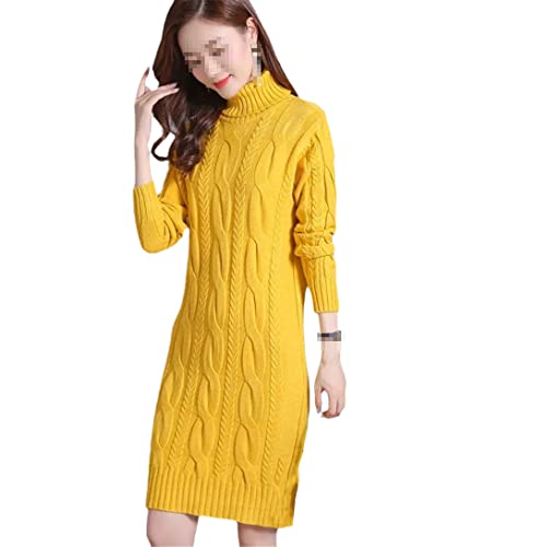 keusyoi Winterkleid Damen Langarm Rollkragen Slim Kleid Mode Strickpullover Damen Dicke Pullover Kleider, gelb, 36 von keusyoi