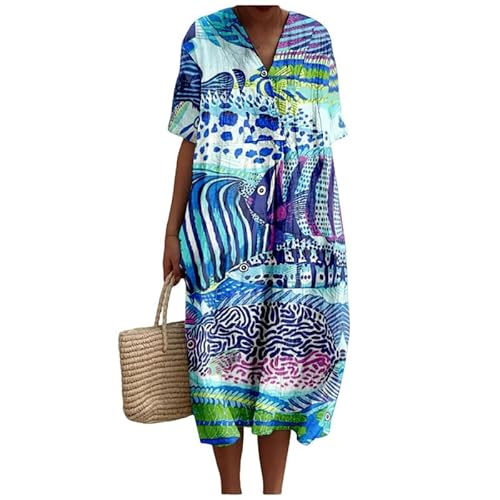 Damen Sommer Ozean Fisch Print Kleider Kurzarm Fließend Boho Casual V-Ausschnitt Strand Urlaub T-Shirt Kleid von kewing