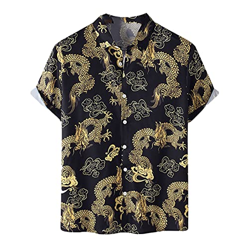 Dragon Printed Shirt Retro 3D im chinesischen Stil Dragon Graphic Printed Kurzarm T-Shirts Herrenmode Revers Button Beach Shirts von kewing