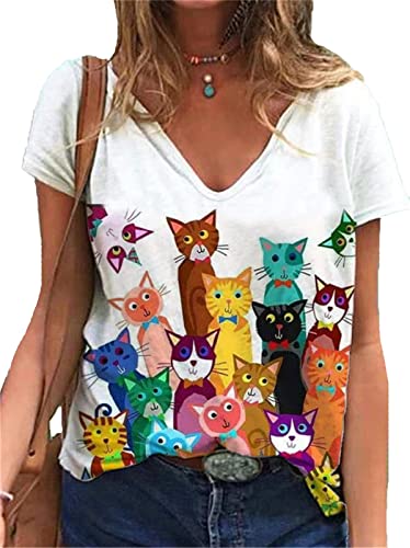 Frauen Bunte Katzen gedruckt T-Shirt Mode lässig V-Ausschnitt Kurzarm 3D Tier Katze Druck Sommer Tops Basic T-Shirts von kewing