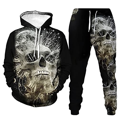 Herren 2 Stück Trainingsanzug Set 3D Totenkopf Print Outfit Punk Rock Hoodie Sweatshirt Jogginghose Casual Pullover Sportanzüge von kewing