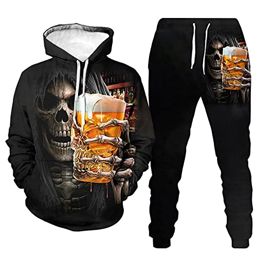 Herren 2 Stück Trainingsanzug Set 3D Totenkopf Print Outfit Punk Rock Hoodie Sweatshirt Jogginghose Casual Pullover Sportanzüge von kewing