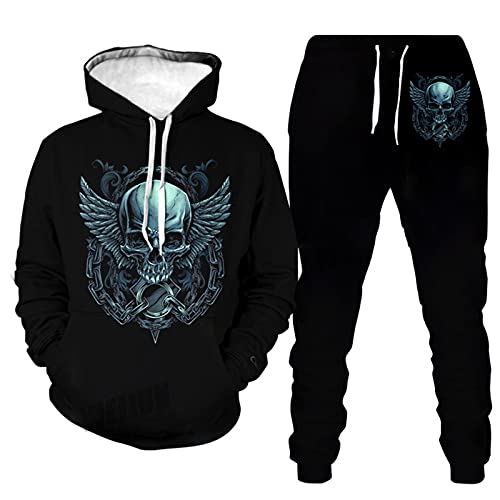 Herren 2 Stück Trainingsanzug Set 3D Totenkopf Print Outfit Punk Rock Hoodie Sweatshirt Jogginghose Casual Pullover Sportanzüge von kewing