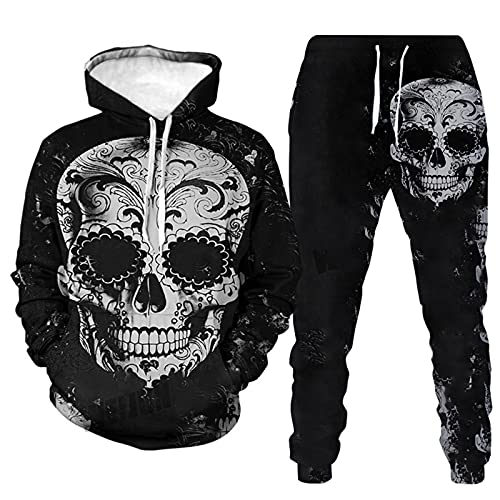 Herren 2 Stück Trainingsanzug Set 3D Totenkopf Print Outfit Punk Rock Hoodie Sweatshirt Jogginghose Casual Pullover Sportanzüge von kewing