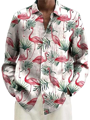 Herren Casual Revers Kragen Hemden Flamingo 3D Gedruckt Hemd Langarm Button Down Bluse Outdoor Street Hemden von kewing