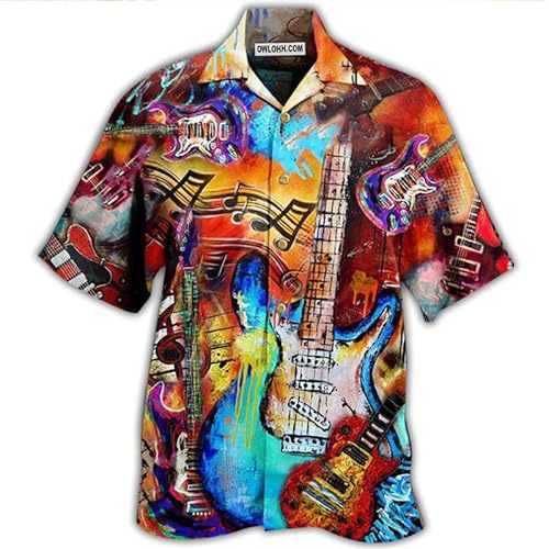 Herren Gitarre 3D Gedruckt T-Shirt Musikinstrument Grafik Button Down Kurzarm Revers Kragen Sport Strickjacke Männer Hawaii Hemden Urlaub Kleidung Tops von kewing