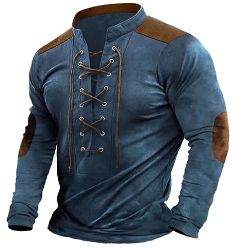 Herren Henley Shirt Retro Lace Up Long Sleeve T Shirts Fashion Distressed Stand Lapel Shirt Outdoor Street Sport Top von kewing