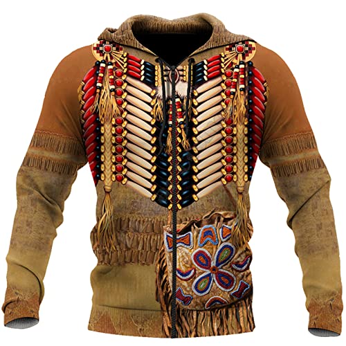 Herren Hoodies Indianer Tattoo Print Pullover Kapuzen Sweatshirt Retro Loose 3D Print Ethnic Totem Zip Jacket von kewing