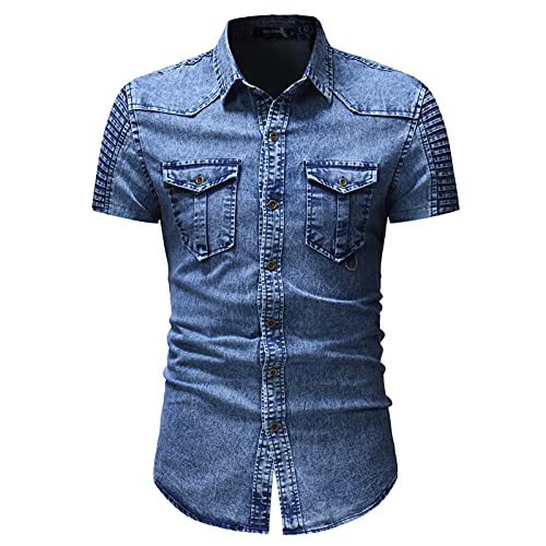 Herren Kurzarm Jeanshemden Casual Fashion Slim Fit Denim Stretch Baumwolloberteil M-3XL von kewing