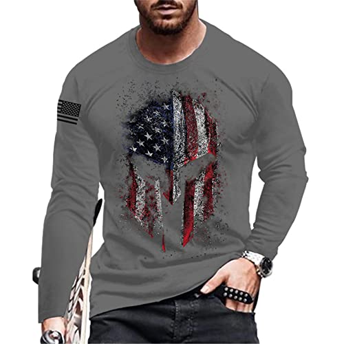 Herren Langarm T-Shirt Amerikanische Flagge Totenkopf Print T-Shirt Oberteile Casual Crewneck Atmungsaktives Sweatshirt von kewing