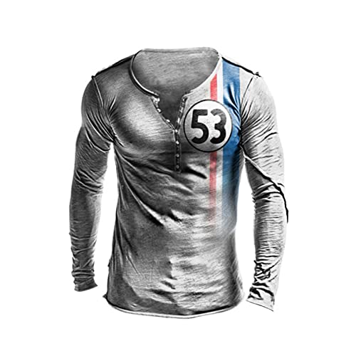 Herren Nummer 53 Print Henley Buttons Top Racing Langarm T-Shirts Retro Distressed Shirts von kewing