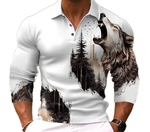 Herren-Poloshirt im Used-Look Tier Wolf 3D gedruckt Lange Ärmel Sweatshirts Vintage Mode Button Down Polo Shirt Casual Business Pullover Tops von kewing