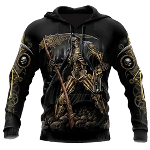 Herren Sensenmann Totenkopf Kapuzenpulli Retro Gothic Skelett Druck Sweatshirt lässig Langarm Kapuzenpullover mit Taschen von kewing