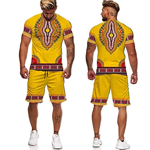 Herren Sommer Trainingsanzug African Dashiki Bedrucktes T-Shirt und Shorts Set Lässiger Sportanzug von kewing