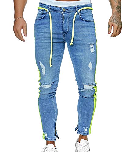 Herren Streifen Spleißen Ripped Hole Jeans Persönlichkeit Fuß Reißverschluss Design Slim Jeans von kewing