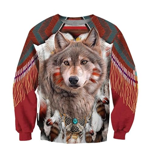 Herren Sweatshirt Indians Wolf 3D Print Langarm T-Shirt Hip Hop Grafik Print Pullover Pullover Tops von kewing