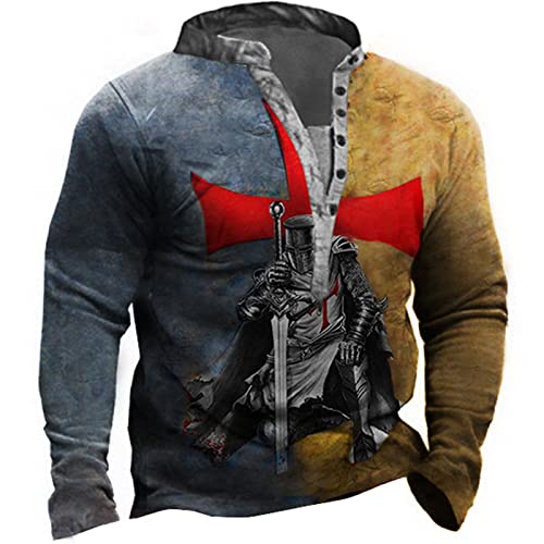Herren Tempelritter Print Langarm Pullover Outdoor Taktisches T-Shirt Retro Distressed für Herren 3D Bedruckte V-Ausschnitt Knöpfe Langarm T-Shirts von kewing