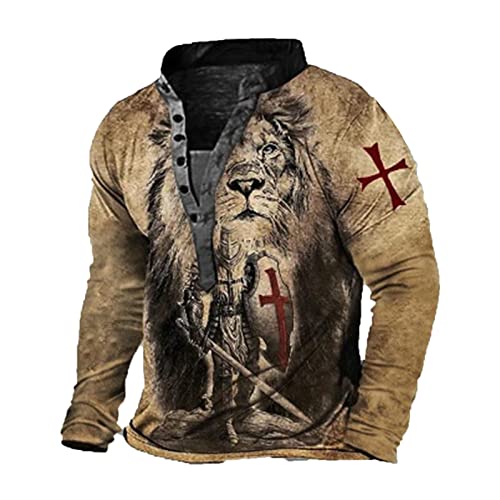 Herren Tempelritter T-Shirt 3D gedruckte Langarm Henley Hemd Casual Vintage Distressed T-Shirt Tops von kewing