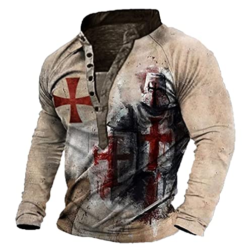 Herren Tempelritter T-Shirt 3D gedruckte Langarm Henley Hemd Casual Vintage Distressed T-Shirt Tops von kewing