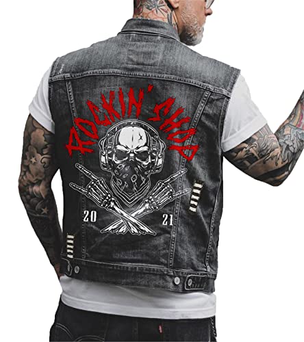 Herren Totenkopf Muster Punk Denim Weste Motorrad Racing Weste Mode Brief Printed Revers Ärmellose Jeansjacke von kewing