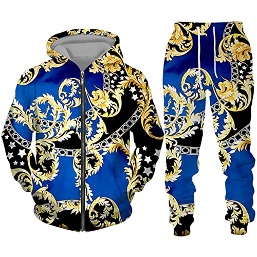 Herren Trainingsanzug Set Hip Hop Gold Kette 3D gedruckt Reißverschluss Hoodie und Jogginghose Mode Casual 2 Stück Set Sweatshirt Anzüge von kewing