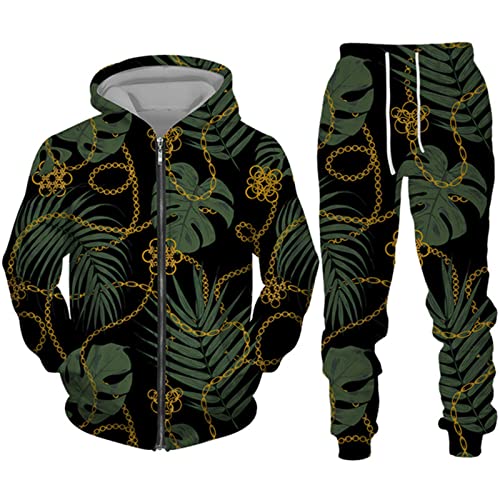 Herren Trainingsanzug Set Hip Hop Gold Kette 3D gedruckt Reißverschluss Hoodie und Jogginghose Mode Casual 2 Stück Set Sweatshirt Anzüge von kewing