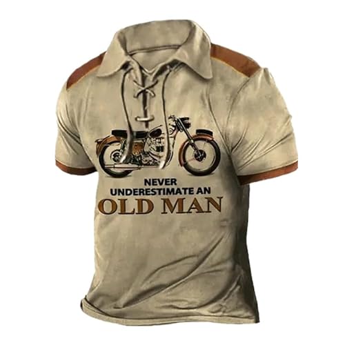 Herren V-Ausschnitt Lace Up Kurzarm-Poloshirt Vintage Motorrad-Muster Polo-T-Shirt Retro Biker Motorrad Distressed Shirt Outdoor Pullover Tops von kewing