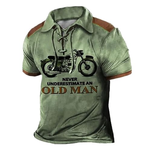 Herren V-Ausschnitt Lace Up Kurzarm-Poloshirt Vintage Motorrad-Muster Polo-T-Shirt Retro Biker Motorrad Distressed Shirt Outdoor Pullover Tops von kewing