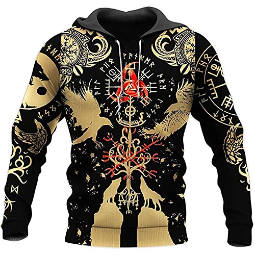 Herren Viking Tattoo Print Hoodies Lose Casual Viking 3D Hoodie Langarm Pullover Sweatshirt mit Tasche von kewing