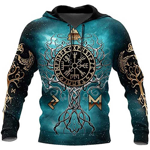 Herren Viking Tattoo Print Hoodies Lose Casual Viking 3D Hoodie Langarm Pullover Sweatshirt mit Tasche von kewing