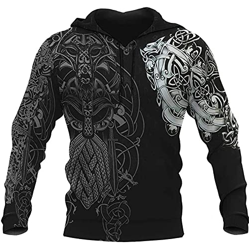 Herren Viking Tattoo Print Hoodies Lose Casual Viking 3D Hoodie Langarm Pullover Sweatshirt mit Tasche von kewing